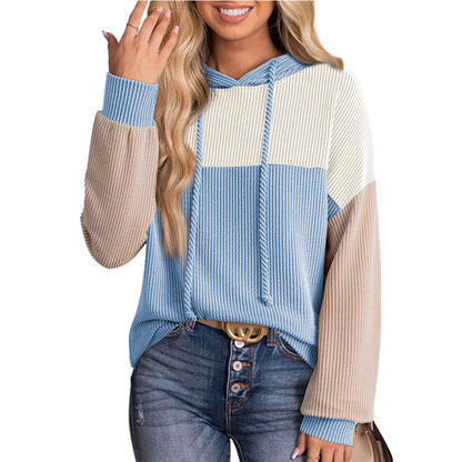 Color Block Ribbed Knit Hoodie Long Sleeve Sweatshirt