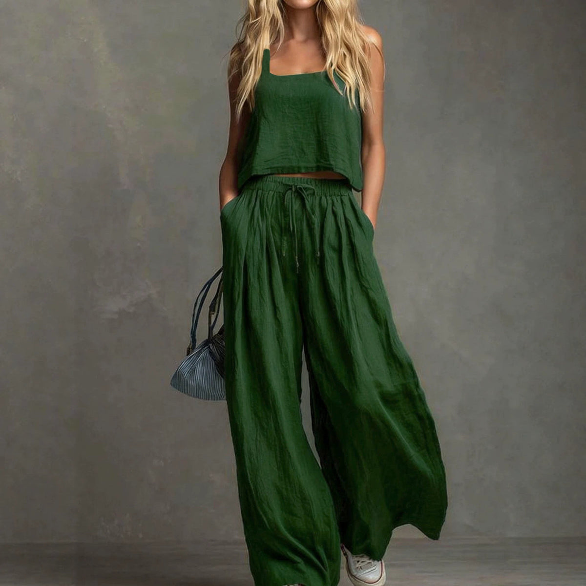 Women's Linen Look Matching Set Tank Wide Leg Pants