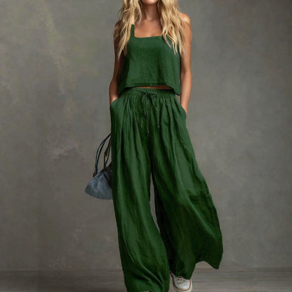 Women's Linen Look Matching Set Tank Wide Leg Pants