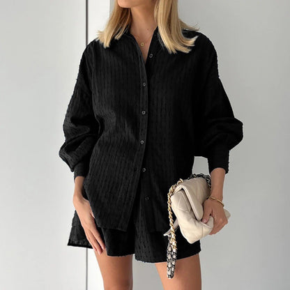 Women Textured Cotton Shirt Shorts Matching Set