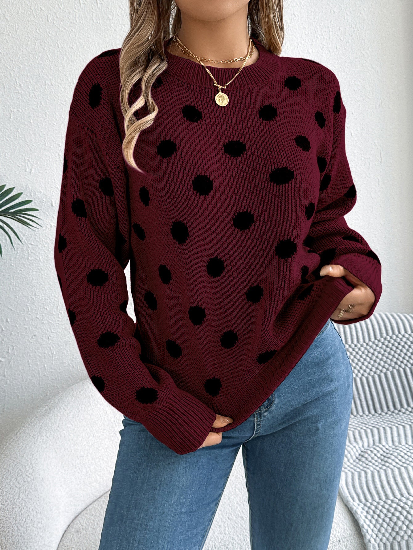 Women's Casual Contrasting Polka Dot Long-sleeved Pullover Sweater