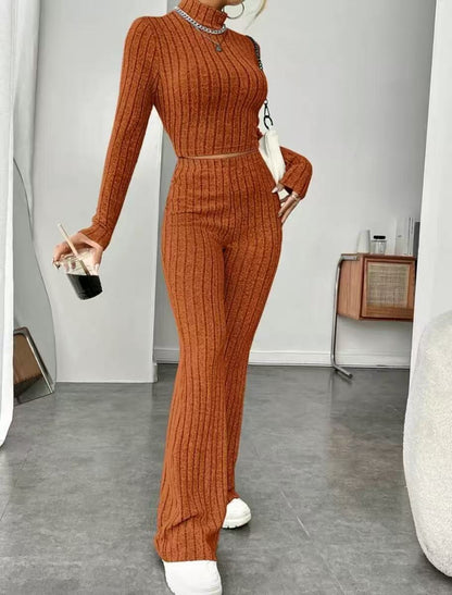 Women's Ribbed Knit Crop Top & Flare Pants Matching Set