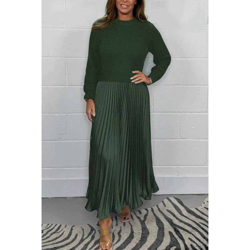 Women's Colorblock Ribbed Pleated Maxi Dress Long Sleeve