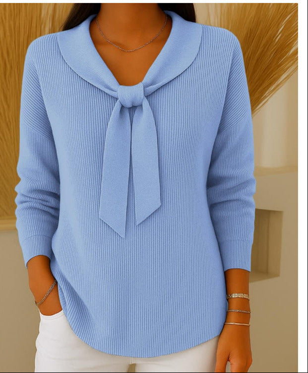Women's Bow Tie Knit Sweater Casual Long Sleeve Top