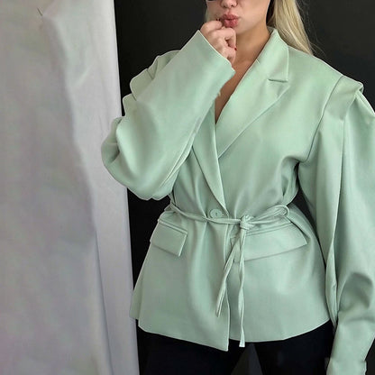 Women's Tie Waist Blazer Puff Sleeve Coat