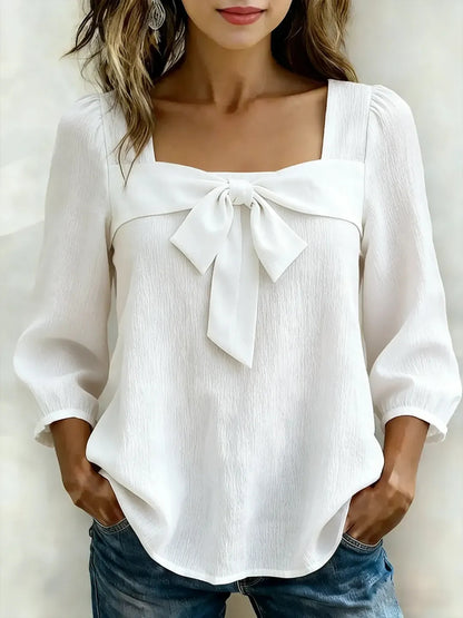 Women's Square Neck Bow Front Puff Sleeve Blouse