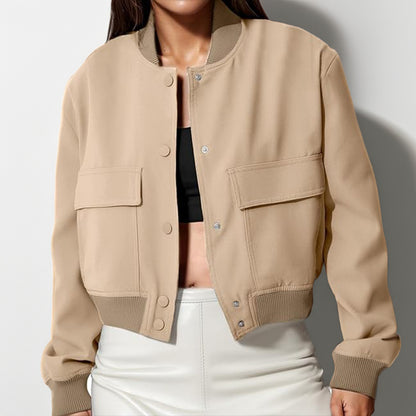 Women's Cropped Utility Jacket Stand Collar Button Front