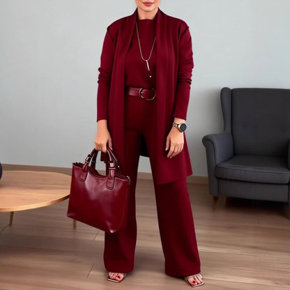 Women 3 Piece Solid Knit Lounge Set Cardigan Top Pants