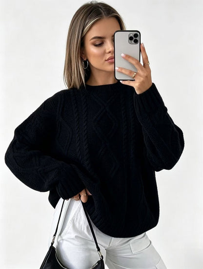 Womens Oversized Cable Knit Crew Neck Pullover Sweater