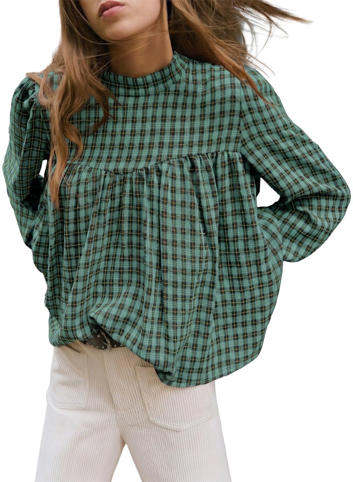 Women's Plaid Mock Neck Babydoll Long Sleeve Top
