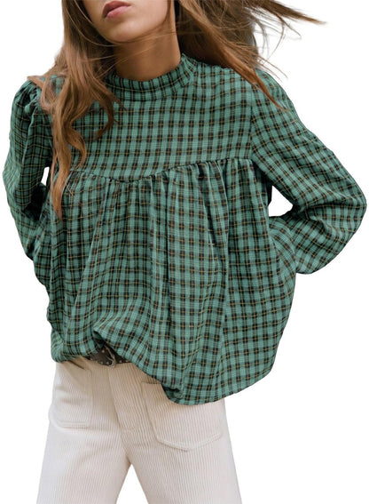 Women's Plaid Mock Neck Babydoll Long Sleeve Top