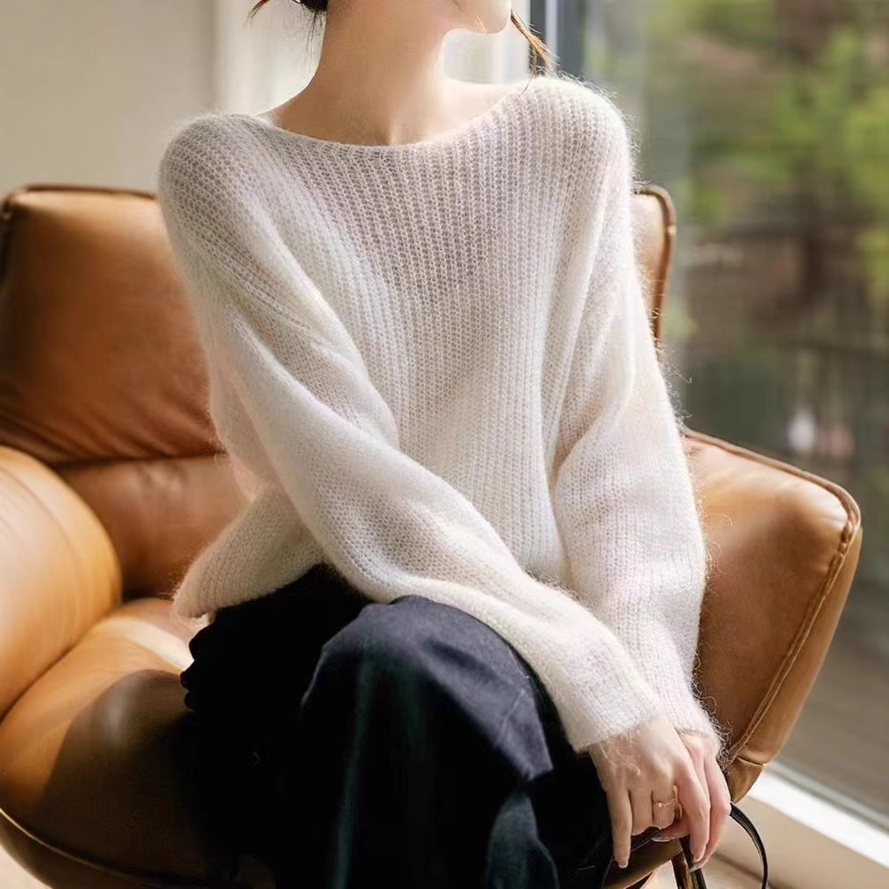 Womens Fuzzy Oversized Sheer Sweater Boat Neck White
