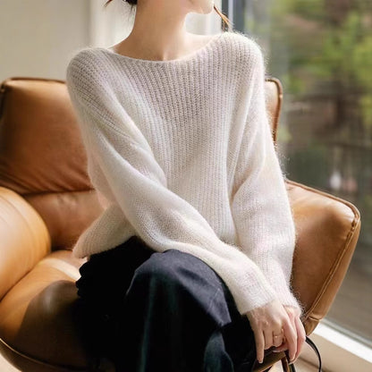 Womens Fuzzy Oversized Sheer Sweater Boat Neck White