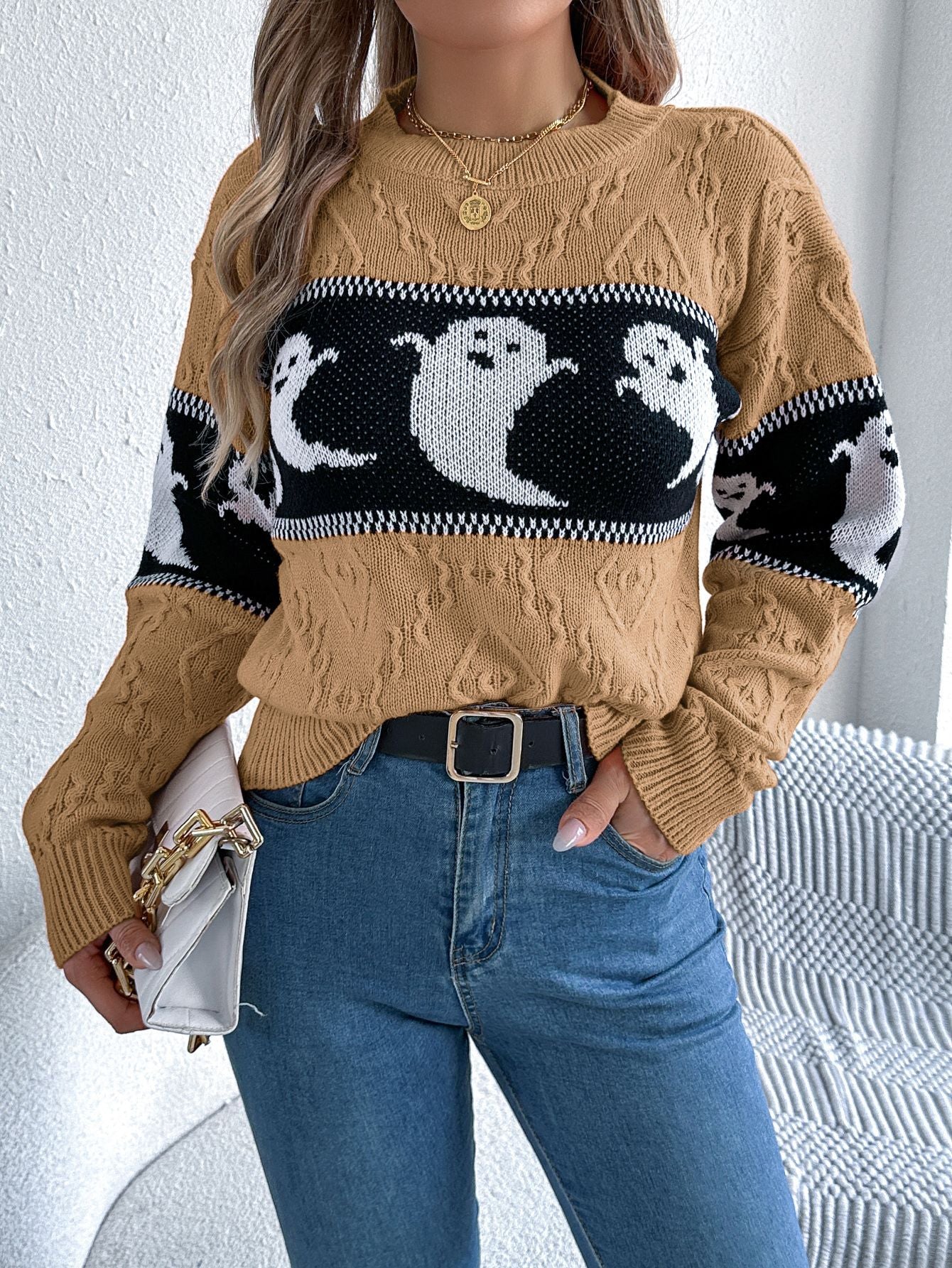 Ghost Print Colorblock Sweater - Halloween Fall Pullover