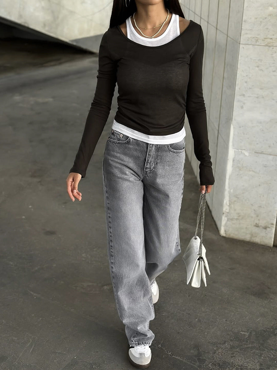 Vintage Layered Look Contrast Long Sleeve Modal Tee