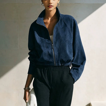 Women's Vintage Faux Suede Zip Up Bomber Jacket