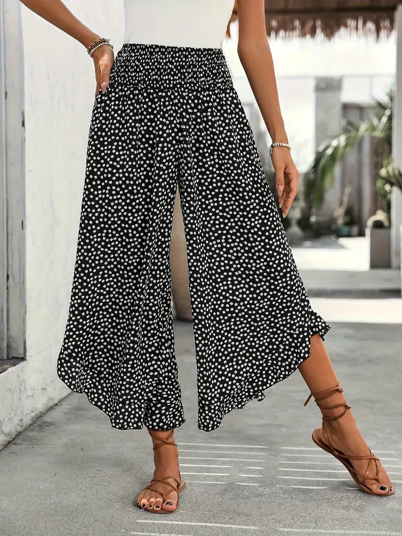 Women's Polka Dot Smocked High Waist Wide Leg Pants