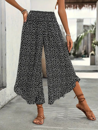 Women's Polka Dot Smocked High Waist Wide Leg Pants