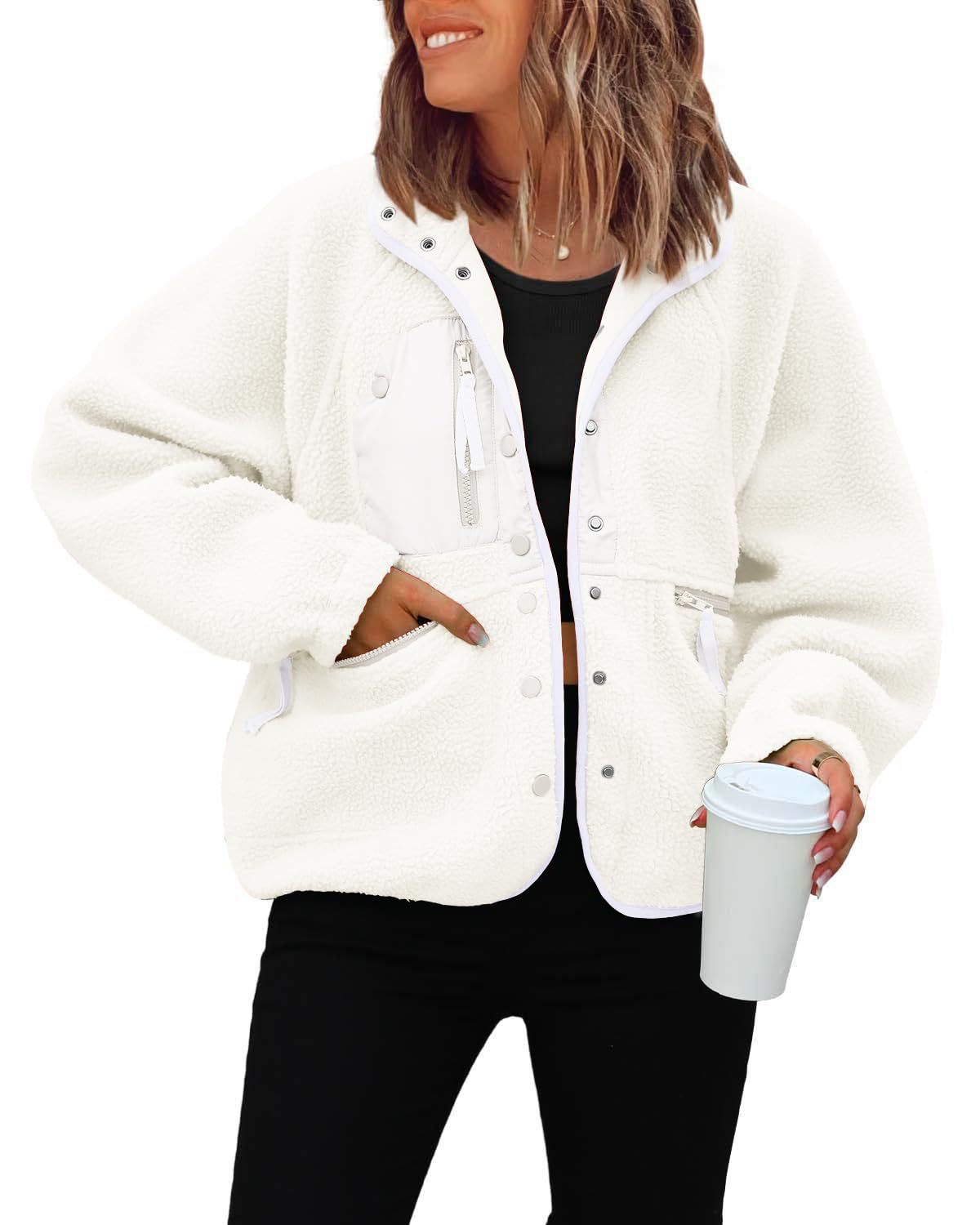 Women's Oversized Sherpa Fleece Jacket Button Front Casual