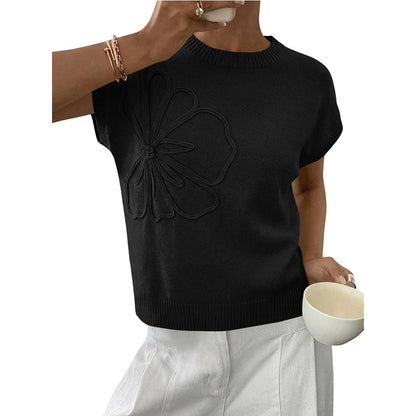 Floral Knit Sweater Short Sleeve Textured Summer Top