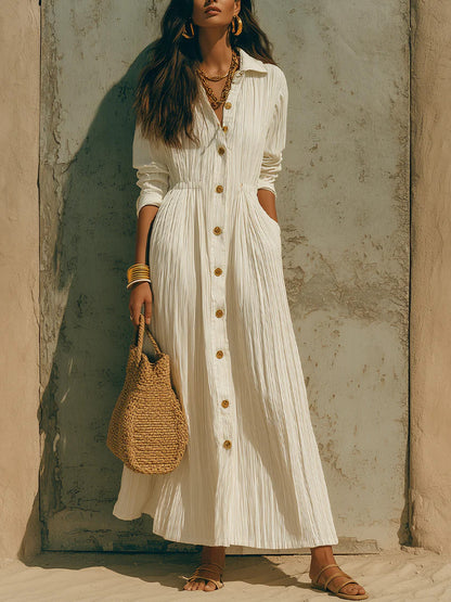 Women's Long Sleeve Maxi Shirt Dress Button Front Pockets
