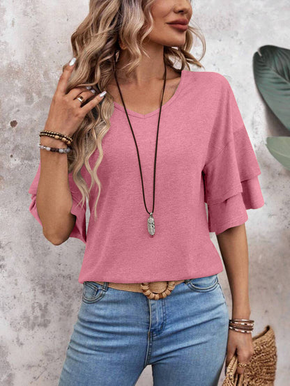 Customizable  Women's V-Neck Flutter Sleeve Top – Casual Summer T-Shirt