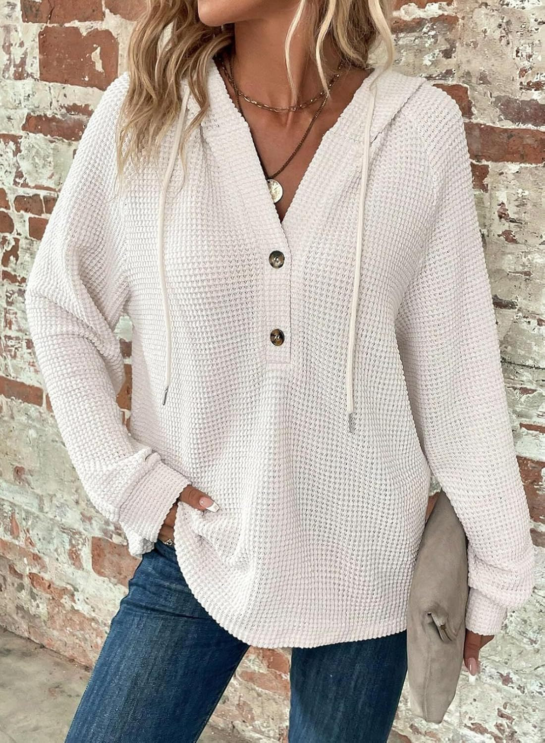 Women's Oversized Waffle Knit Hoodie V Neck Button Pullover