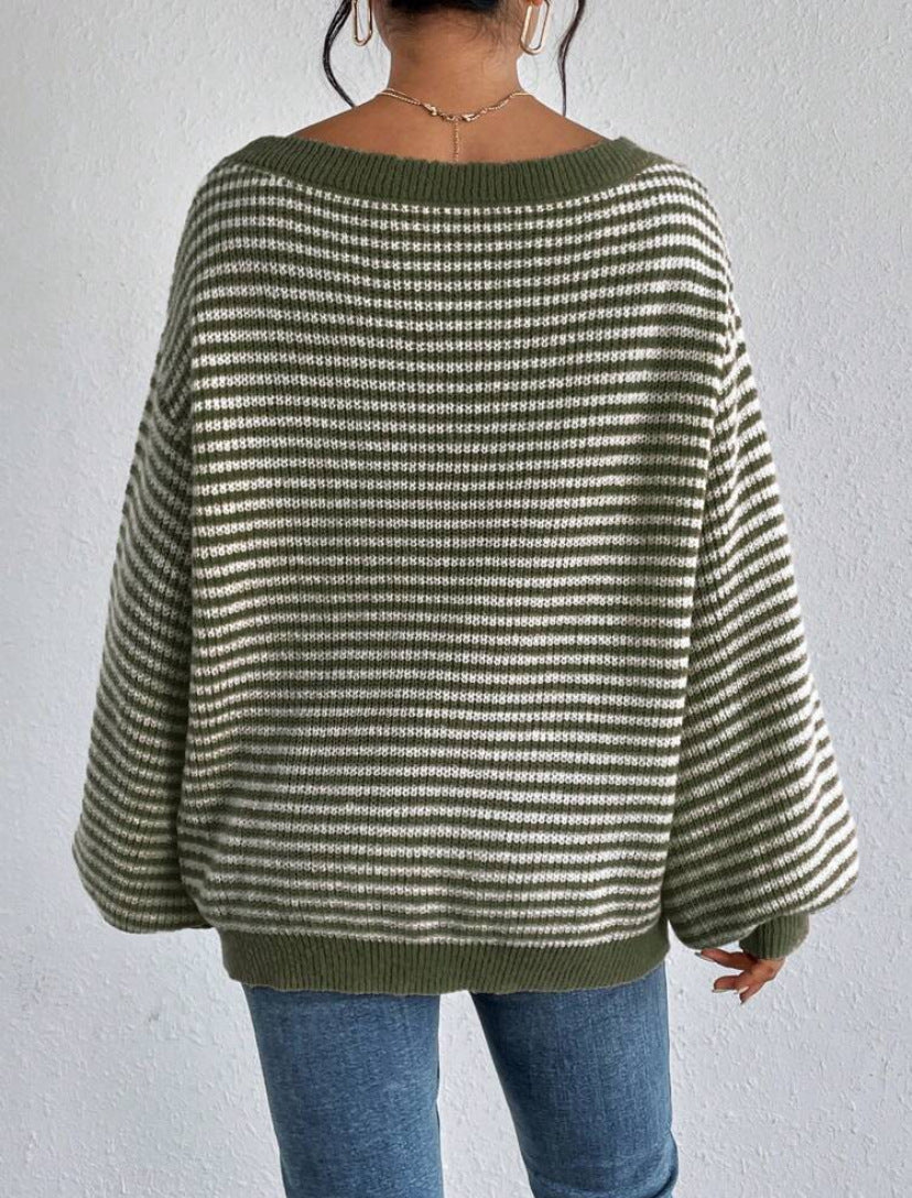 Off Shoulder Striped Sweater Balloon Sleeve Oversized Knit