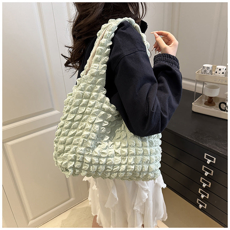 Textured Bubble Knit Shoulder Tote in Rose Pink