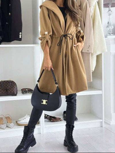 Women's Hooded Robe Coat Tie Waist Midi Solid