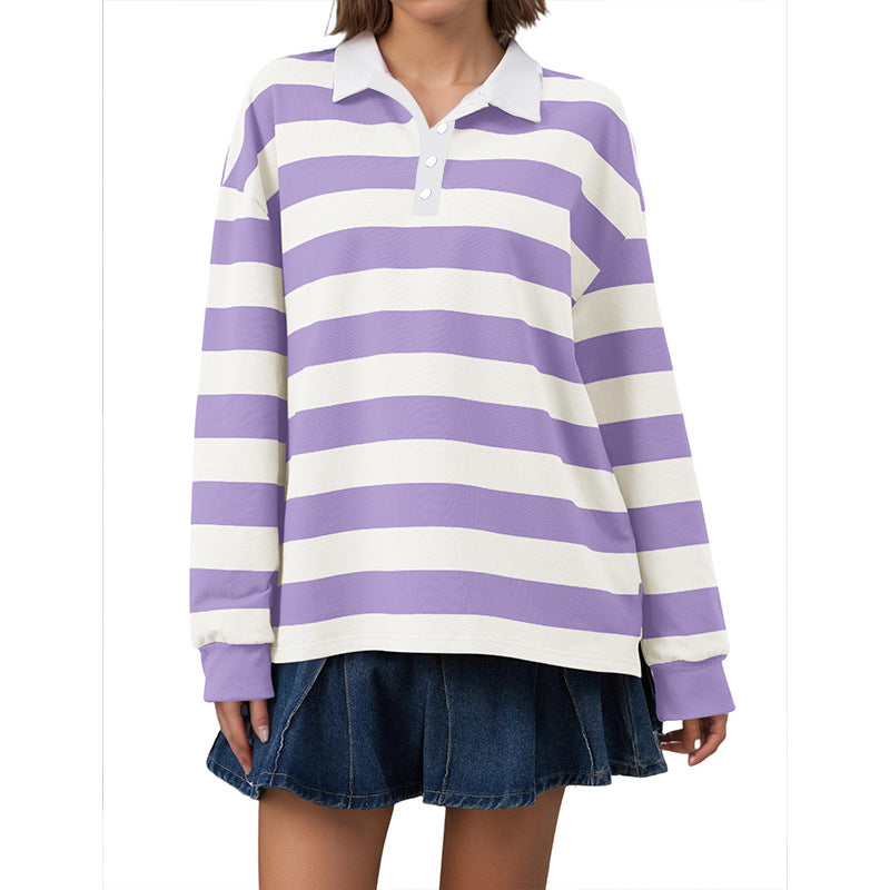Women's Oversized Striped Polo Shirt Long Sleeve