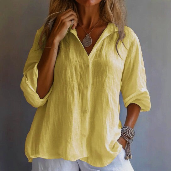Women Linen V Neck Button Down Long Sleeve Casual Shirt