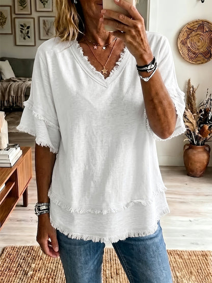 Women's Boho Fringe V-Neck Short Sleeve Linen Blend Top