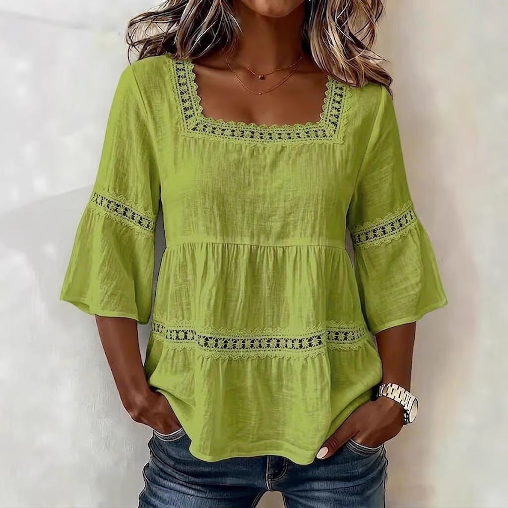 Women's Square Neck Lace Trim 3/4 Sleeve Linen Blend Top