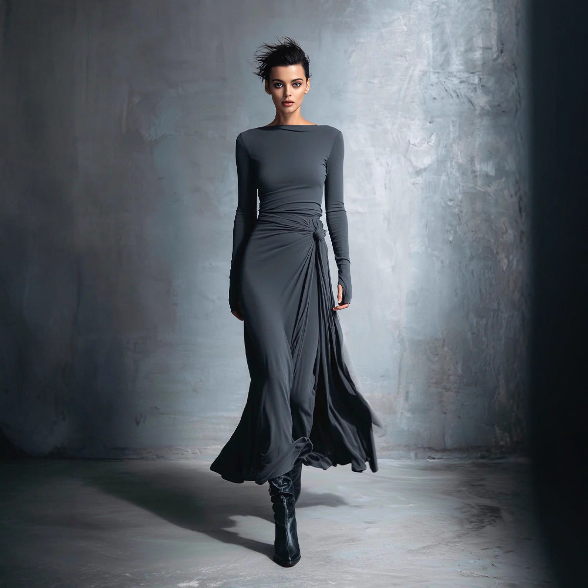 Women's Long Sleeve Knit Twist Front Wrap Maxi Dress