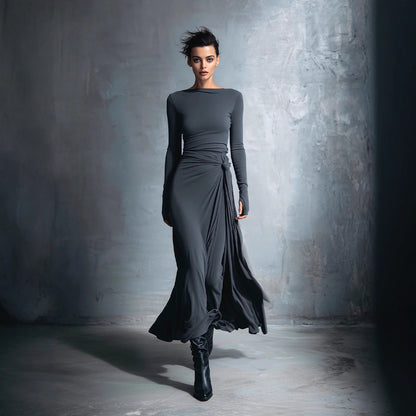 Women's Long Sleeve Knit Twist Front Wrap Maxi Dress