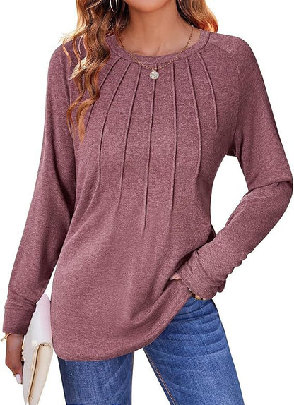 Women's Pleated Crew Neck Long Sleeve Casual Top