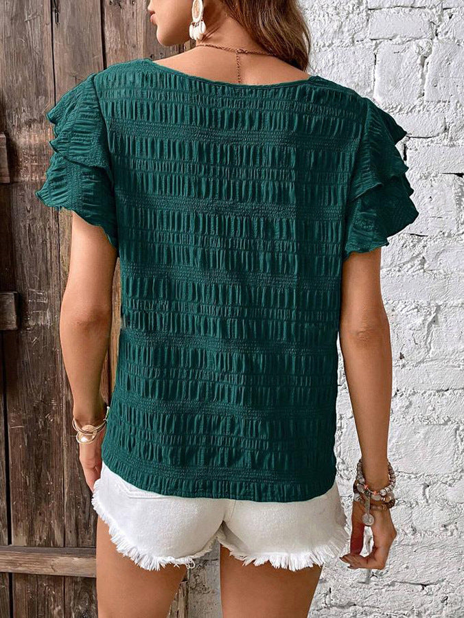 Ruffle Sleeve Crew Neck Casual Summer Blouse Top