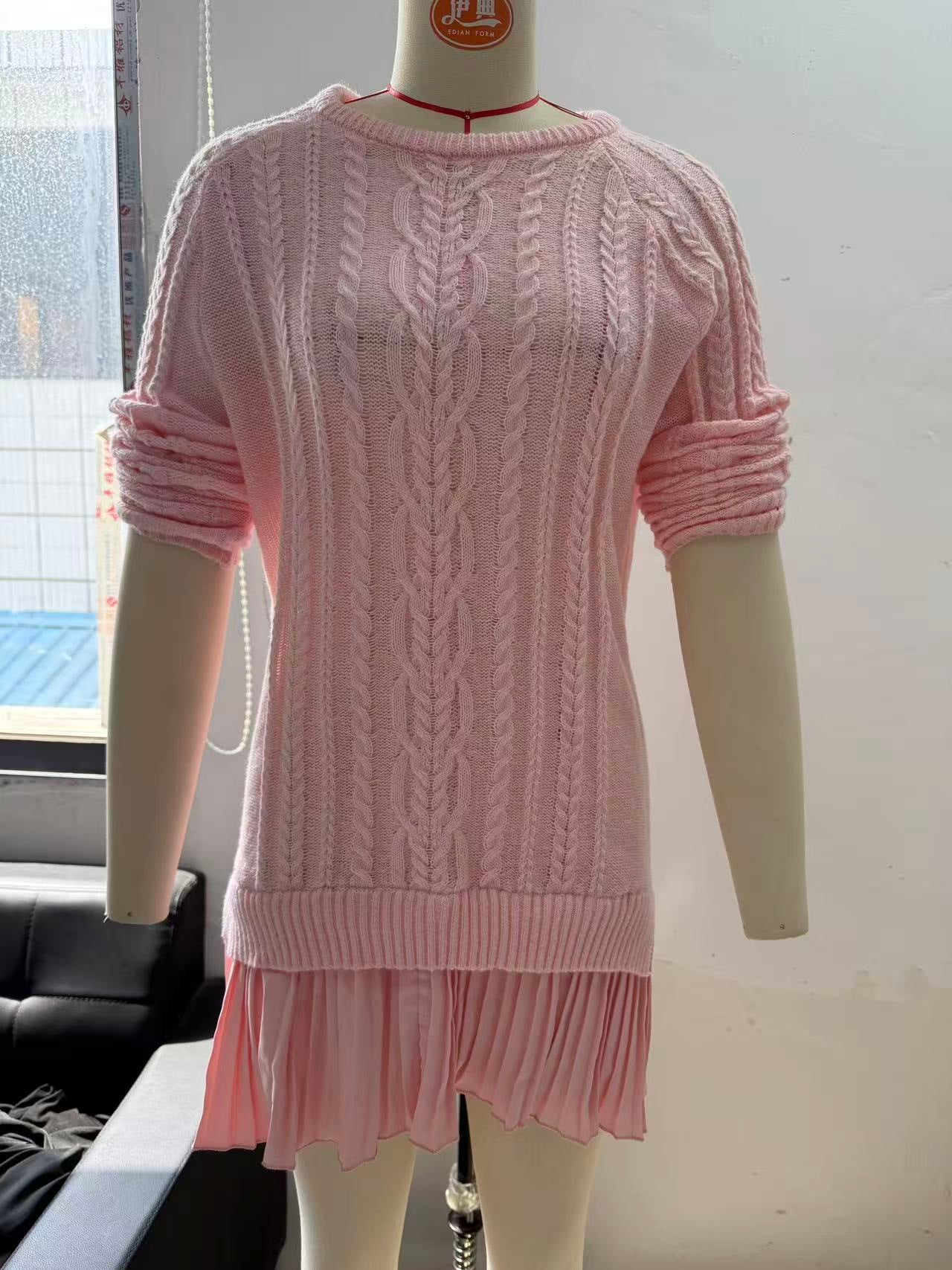 Cable Knit Sweater Dress Long Sleeve Pleated Hem
