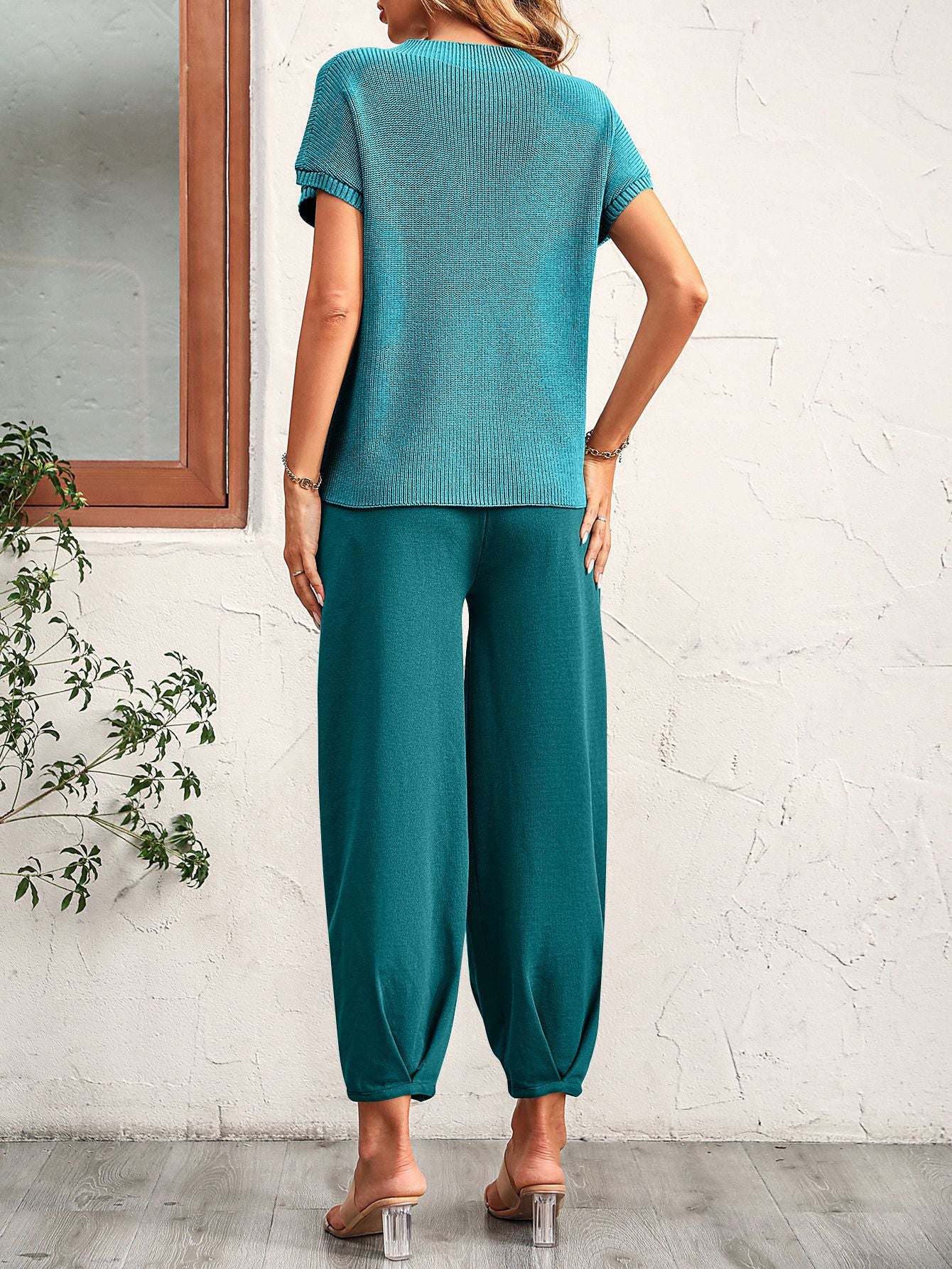 Colorblock Short-Sleeve Sweater & Pants Lounge Set