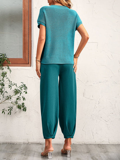 Colorblock Short-Sleeve Sweater & Pants Lounge Set