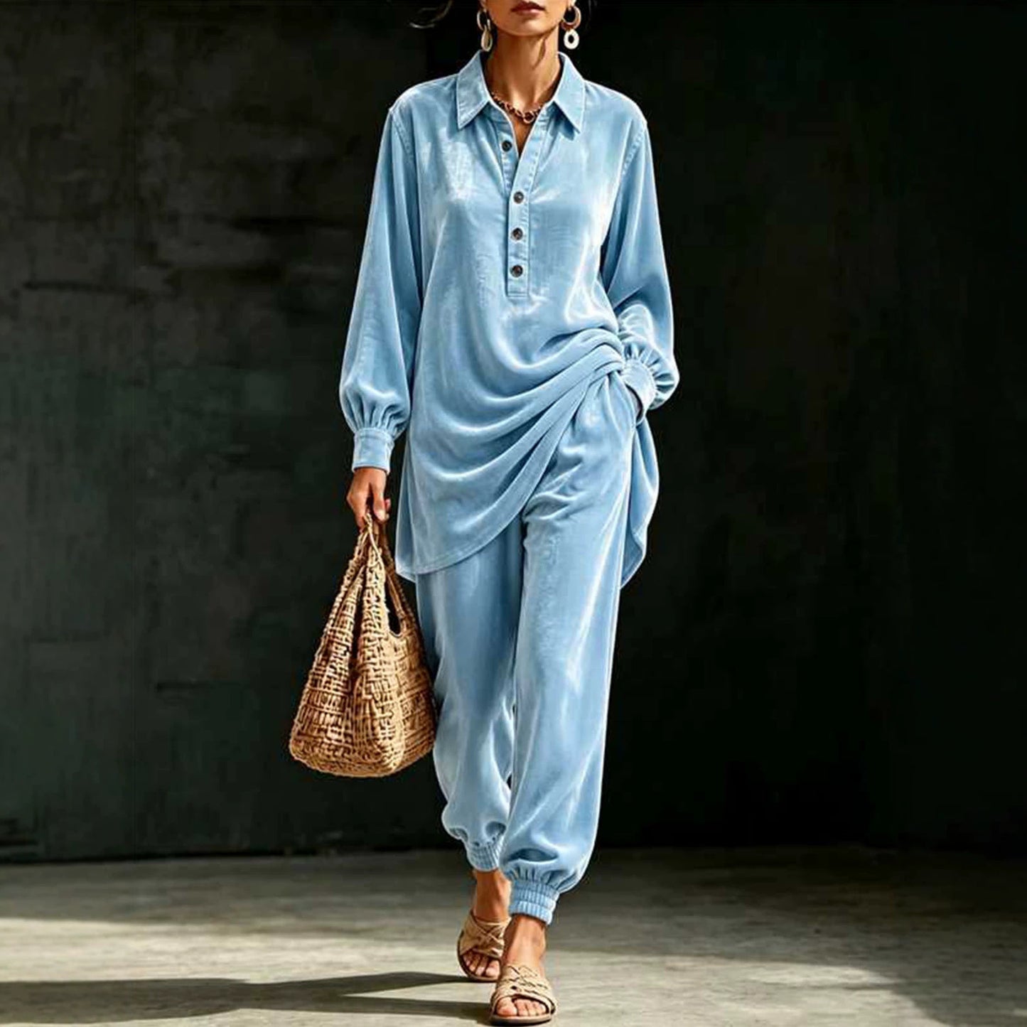 Women Oversized Velvet Lounge Set 2 Piece Shirt & Pants