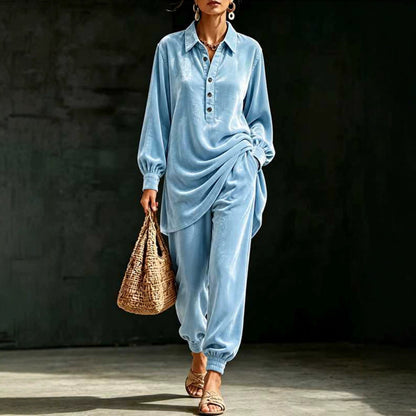 Women Oversized Velvet Lounge Set 2 Piece Shirt & Pants