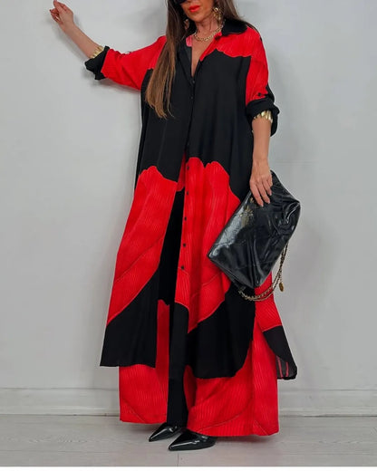 Color Block Shirt Wide Leg Pants Two Piece Set
