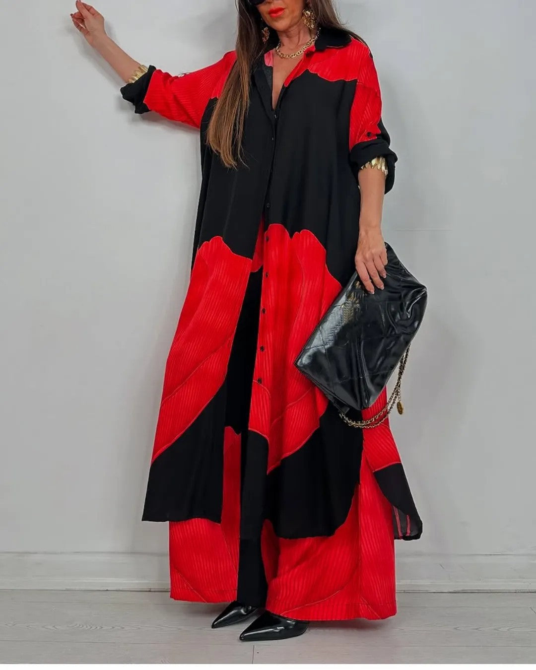 Women Color Block Oversized Shirt Pants Two Piece Set