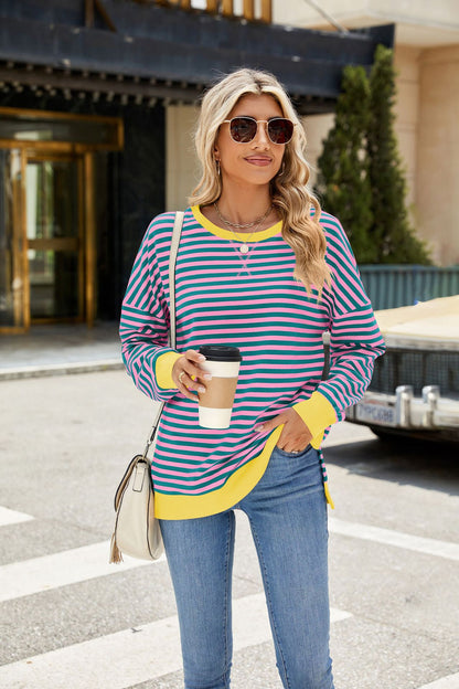 Oversized Striped Sweatshirt Contrast Trim Side Slit Top