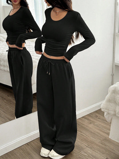 Women's Sexy Crop Top Wide Leg Pants Two Piece Set