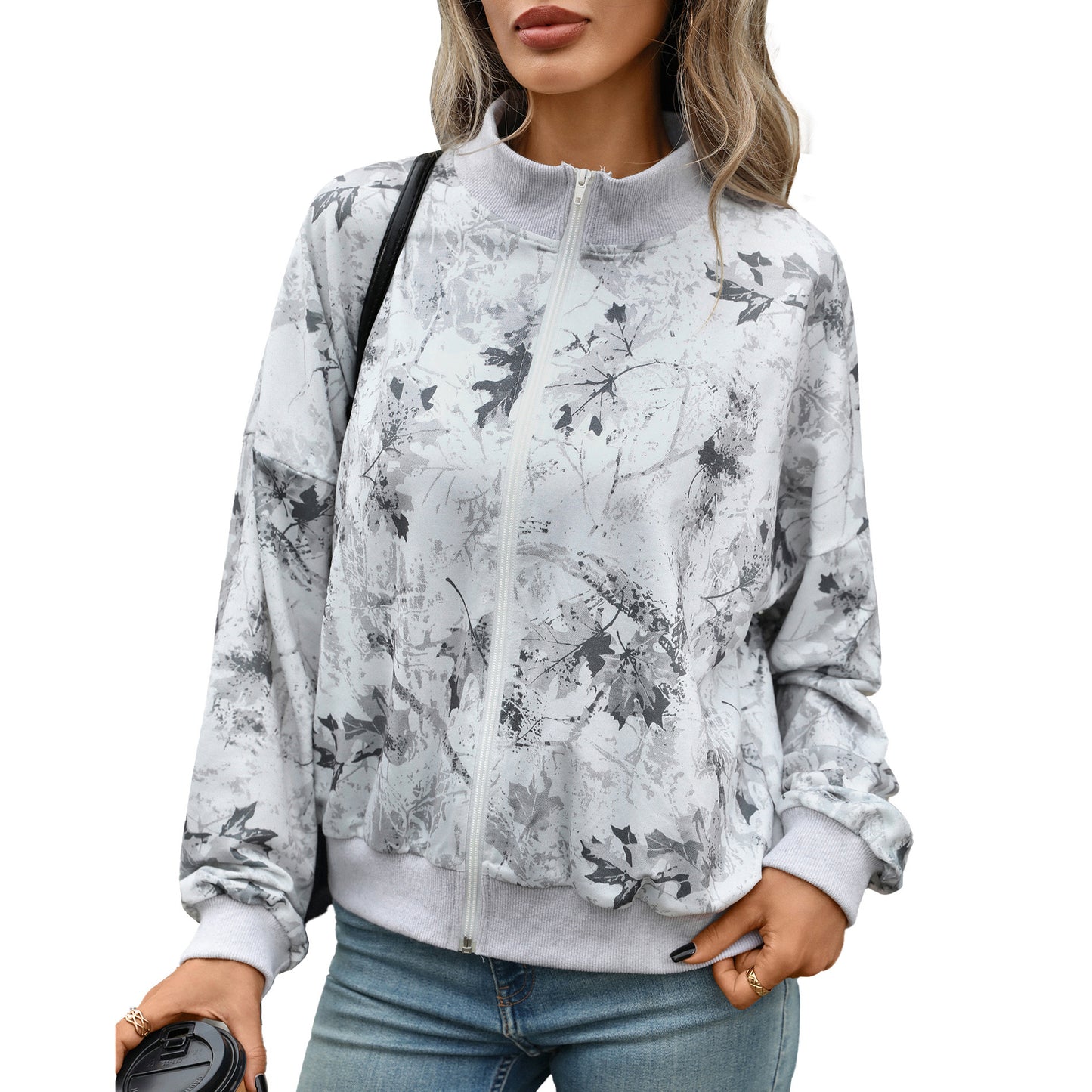 Women's Oversize Zip Up Printed Sweatshirt Mock Neck Ribbed