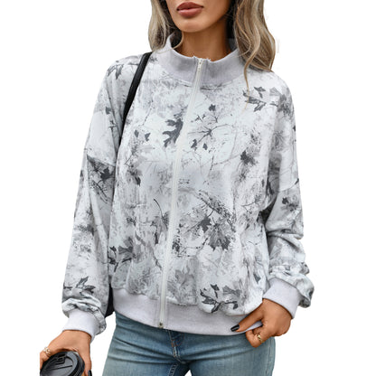 Women's Oversize Zip Up Printed Sweatshirt Mock Neck Ribbed