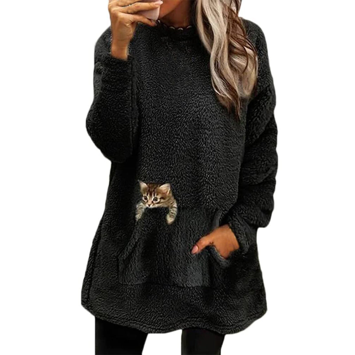Womens Cute Cat Pocket Sherpa Fleece Pullover